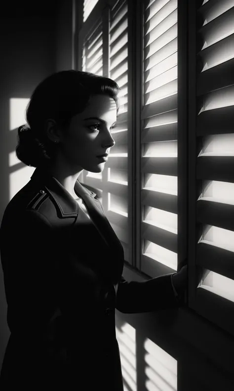 filmnoir1944, 1girl, photorealistic, best quality, masterpiece, depth of field,  uhd, 8k, detailed eyes, cinematic lighting, 1940s style, femme fetale, detective office, window shutters, shadows, dimly lit