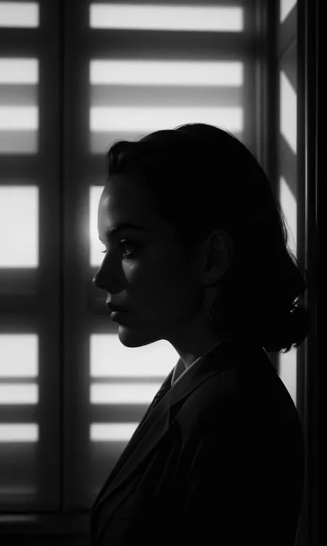 filmnoir1944, 1girl, photorealistic, best quality, masterpiece, depth of field, uhd, 8k, detailed eyes, cinematic lighting, 1940s style, femme fetale, detective office, window shutters, shadows, dimly lit, shutter shadows, line shadow,