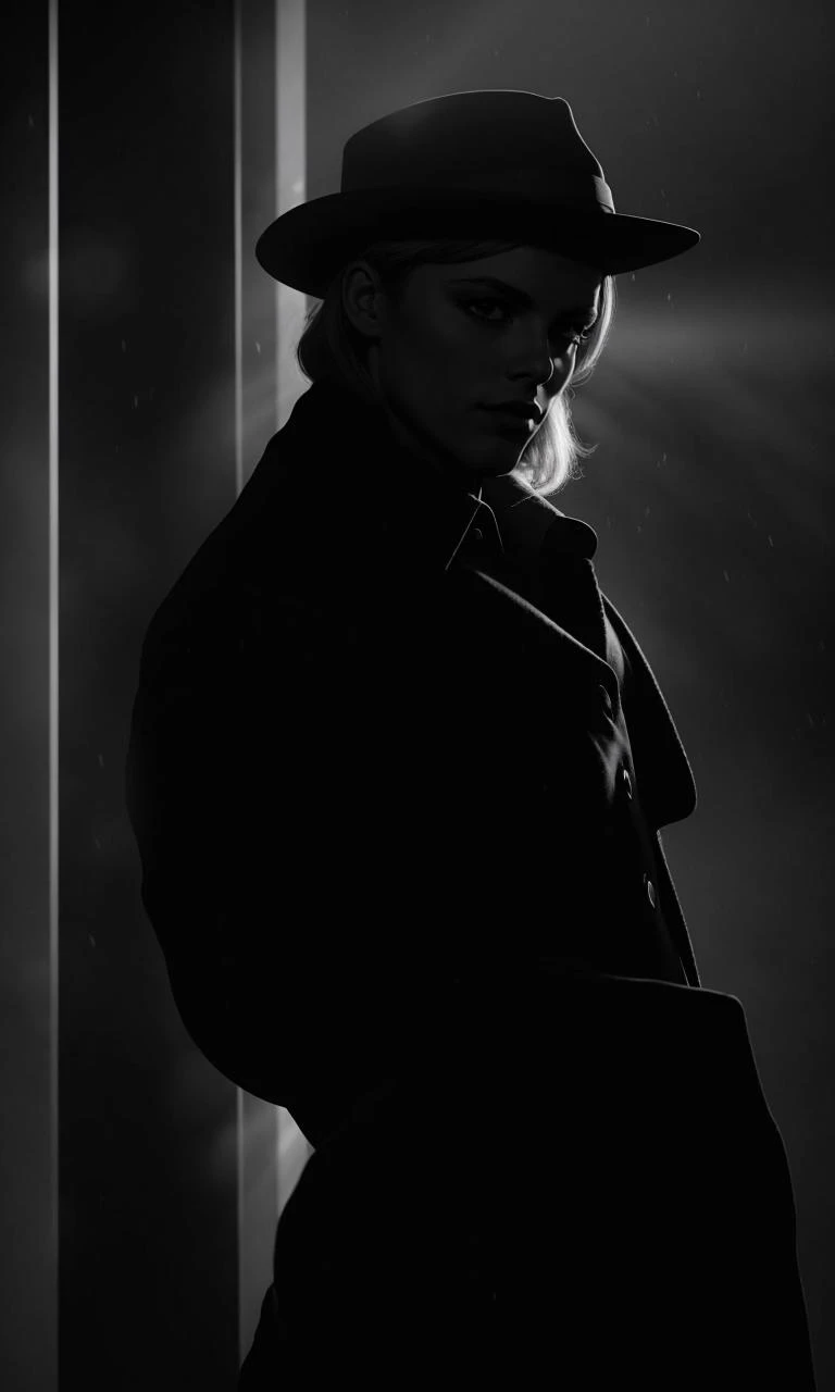 filmnoir1944, detective with fedora , woman, photorealistic, best quality, masterpiece, depth of field, uhd, 8k, cinematic lighting, 1940s style, light rays, darkness, single light source, wide angle shot, dark mood, film grain, dark city, backlit, horror, fog, dame , new york city,