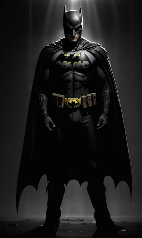 filmnoir1944,classic batman, costume, flowing cape, photorealistic, best quality, masterpiece, depth of field, uhd, 8k, cinematic lighting, 1940s style, light rays, darkness, single light source, full body, wide angle shot, dark mood, film grain, dark city, Gotham city, moon, backlit, glowing eyes