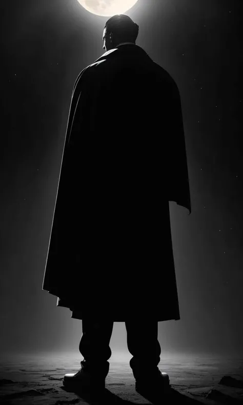 filmnoir1944, vampire holding a woman, count, photorealistic, best quality, masterpiece, depth of field, uhd, 8k, cinematic lighting, 1940s style, light rays, darkness, single light source, full body, wide angle shot, dark mood, film grain, dark city, moon, backlit, glowing eyes, cape, hair slicked back, horror, fog, dame