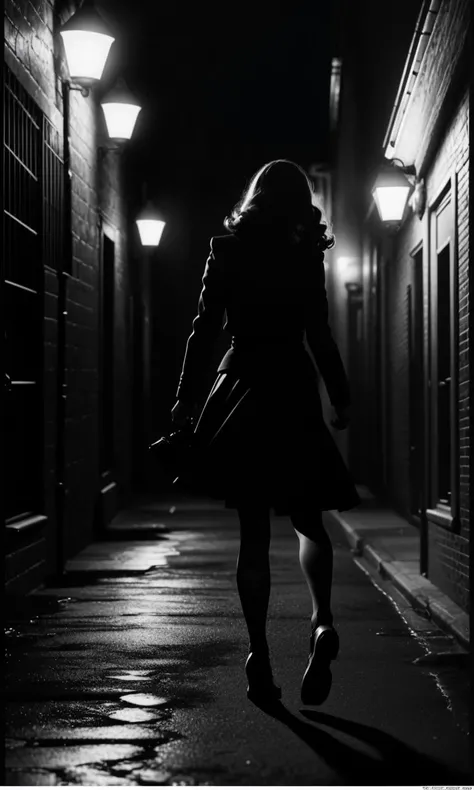 filmnoir1944, 1girl running ,photorealistic, best quality, masterpiece, depth of field, uhd, 8k, cinematic lighting, 1940s style, alley, skirt, lage shadow on wall, spotlight,