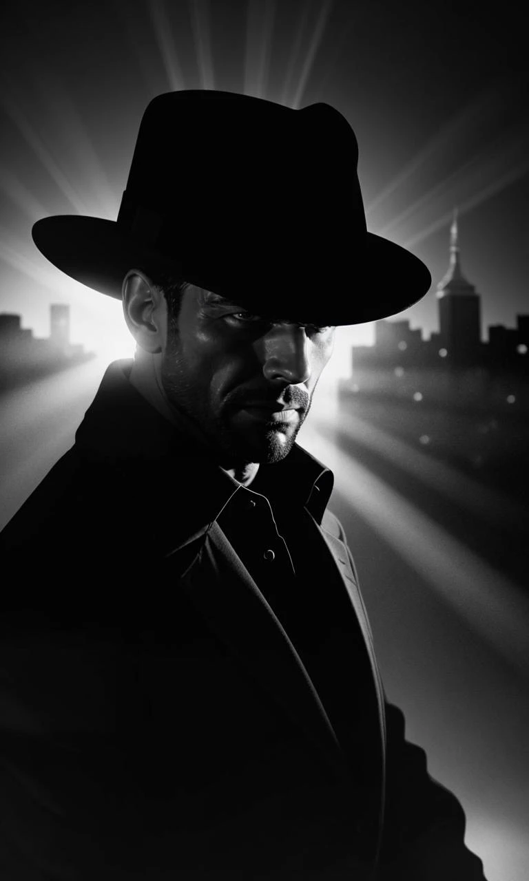 filmnoir1944, detective with fedora , woman, photorealistic, best quality, masterpiece, depth of field, uhd, 8k, cinematic lighting, 1940s style, light rays, darkness, single light source, wide angle shot, dark mood, film grain, dark city, backlit, horror, fog, dame , new york city,
