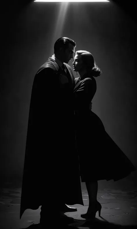 filmnoir1944, vampire holding a woman, count, photorealistic, best quality, masterpiece, depth of field, uhd, 8k, cinematic lighting, 1940s style, light rays, darkness, single light source, full body, wide angle shot, dark mood, film grain, dark city, moon, backlit, glowing eyes, cape, hair slicked back, horror, fog, dame