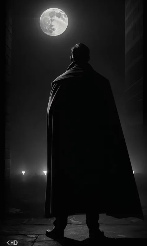 filmnoir1944, vampire holding a woman, count, photorealistic, best quality, masterpiece, depth of field, uhd, 8k, cinematic lighting, 1940s style, light rays, darkness, single light source, full body, wide angle shot, dark mood, film grain, dark city, Gotham city, moon, backlit, glowing eyes, cape, hair slicked back, horror