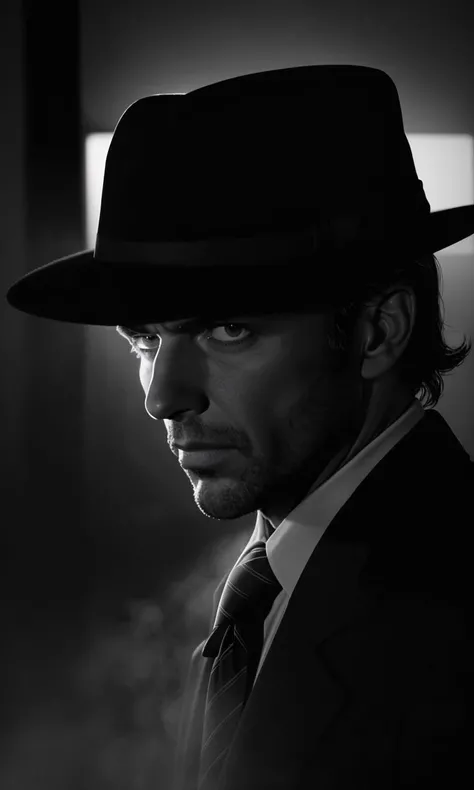 filmnoir1944, detective with fedora , woman, photorealistic, best quality, masterpiece, depth of field, uhd, 8k, cinematic lighting, 1940s style, light rays, darkness, single light source, wide angle shot, dark mood, film grain, dark city, backlit, horror, fog, dame , new york city,