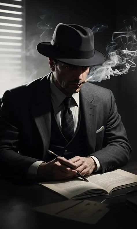 filmnoir1944, 1man, photorealistic, best quality, masterpiece, depth of field, uhd, 8k, detailed eyes, cinematic lighting, 1940s style, detective, fedora, smoking, detective office, god rays,