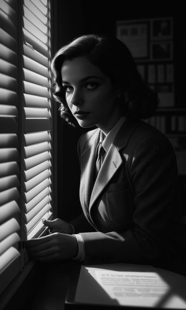 filmnoir1944, 1girl, photorealistic, best quality, masterpiece, depth of field, uhd, 8k, detailed eyes, cinematic lighting, 1940s style, femme fetale, detective office, window shutters, shadows, dimly lit
