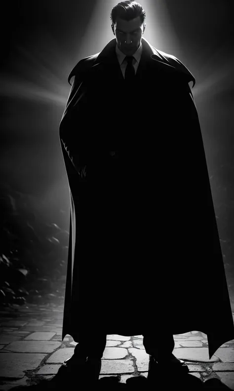 filmnoir1944, vampire holding a woman, count, photorealistic, best quality, masterpiece, depth of field, uhd, 8k, cinematic lighting, 1940s style, light rays, darkness, single light source, full body, wide angle shot, dark mood, film grain, dark city, Gotham city, moon, backlit, glowing eyes, cape, hair slicked back, horror