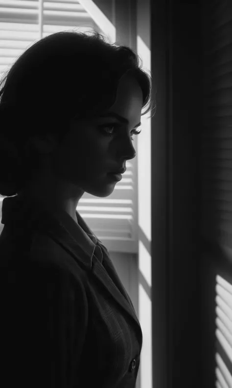 filmnoir1944, 1girl, photorealistic, best quality, masterpiece, depth of field, uhd, 8k, detailed eyes, cinematic lighting, 1940s style, femme fetale, detective office, window shutters, shadows, dimly lit, shutter shadows, line shadow,