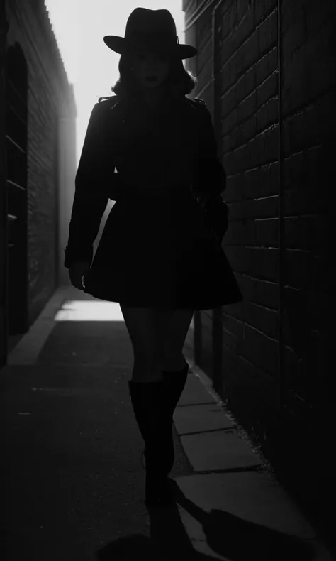 filmnoir1944, 1girl running, photorealistic, best quality, masterpiece, depth of field, uhd, 8k, cinematic lighting, 1940s style, alley, skirt, large shadow on wall, looking at viewer, horror, fear