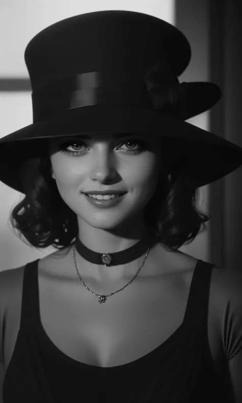 filmnoir1944, 1girl, photorealistic, best quality, masterpiece, depth of field, smile, uhd, 8k, detailed eyes, cinematic lighting,