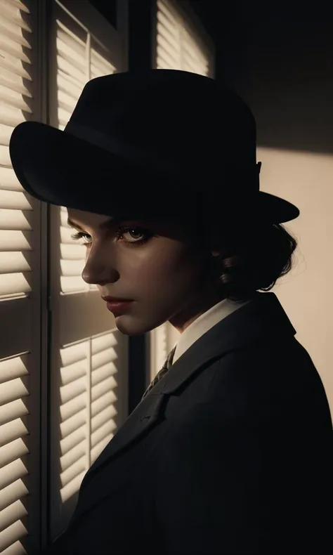 filmnoir1944, 1girl, photorealistic, best quality, masterpiece, depth of field, uhd, 8k, detailed eyes, cinematic lighting, 1940s style, femme fetale, detective office, window shutters, shadows, dimly lit