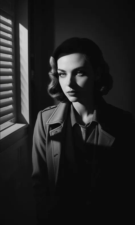 filmnoir1944, 1girl, photorealistic, best quality, masterpiece, depth of field, uhd, 8k, detailed eyes, cinematic lighting, 1940s style, femme fetale, detective office, window shutters, shadows, dimly lit, shutter shadows, line shadow,