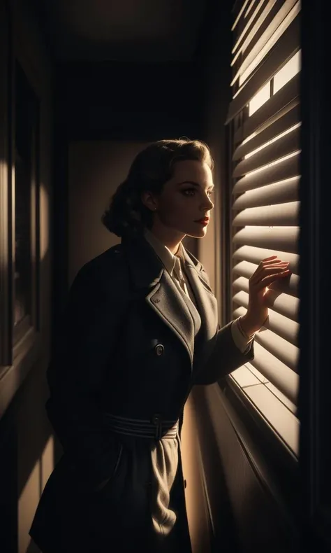 filmnoir1944, 1girl, photorealistic, best quality, masterpiece, depth of field,  uhd, 8k, detailed eyes, cinematic lighting, 1940s style, femme fetale, detective office, window shutters, shadows, dimly lit