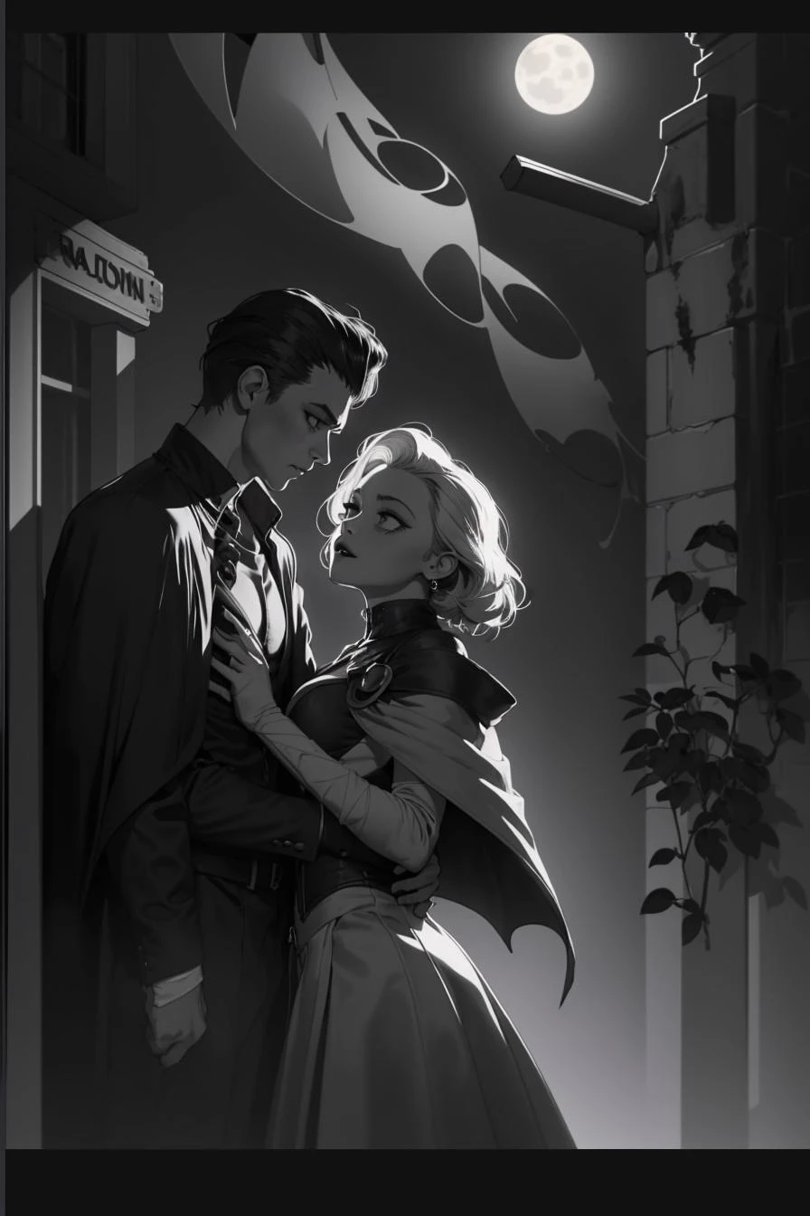 <lora:filmnoir1944:1> filmnoir1944 style, vampire holding a woman, dark mood, film grain, dark city, moon, backlit, cape, hair slicked back, horror, fog, dame, darkness