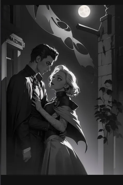 <lora:filmnoir1944:1> filmnoir1944 style, vampire holding a woman, dark mood, film grain, dark city, moon, backlit, cape, hair slicked back, horror, fog, dame, darkness