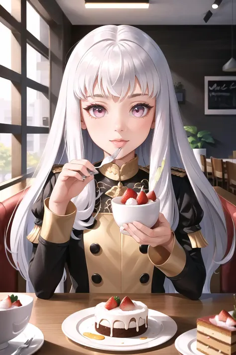 Highly detailed, High Quality, Masterpiece, beautiful, 1girl, solo, lysithea von ordelia, lysitheauniform, blue pantyhose, <lora:Char_FireEmblem_Lysithea:1>, food, simple background, elbows on table, cup, blurry background, indoors, upper body, <lora:Pos_AcrossTable:1>, cake, eating, fork, holding, holding fork