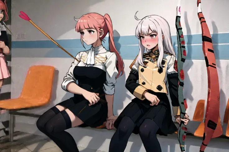 masterpiece, best quality, incrsshotbysonmeme, <lora:FatherShotBySonMeme:0.45>, holding, bow \(weapon\), holding weapon,
BREAK, hilda valentine goneril, twintails, hildauniform, blue thighhighs, <lora:Char_FireEmblem_Hilda:1>, pink hair, pink eyes,
BREAK, lysitheauniform, uniform, long sleeves, blue pantyhose, <lora:Char_FireEmblem_Lysithea:1>, embarrassed, blush, sweat,