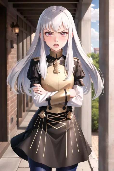 Highly detailed, High Quality, Masterpiece, beautiful, 1girl, solo, lysithea von ordelia, lysitheauniform, blue pantyhose, <lora:Char_FireEmblem_Lysithea:1>, angry, spoken anger vein, crossed arms, nose blush, embarrassed,