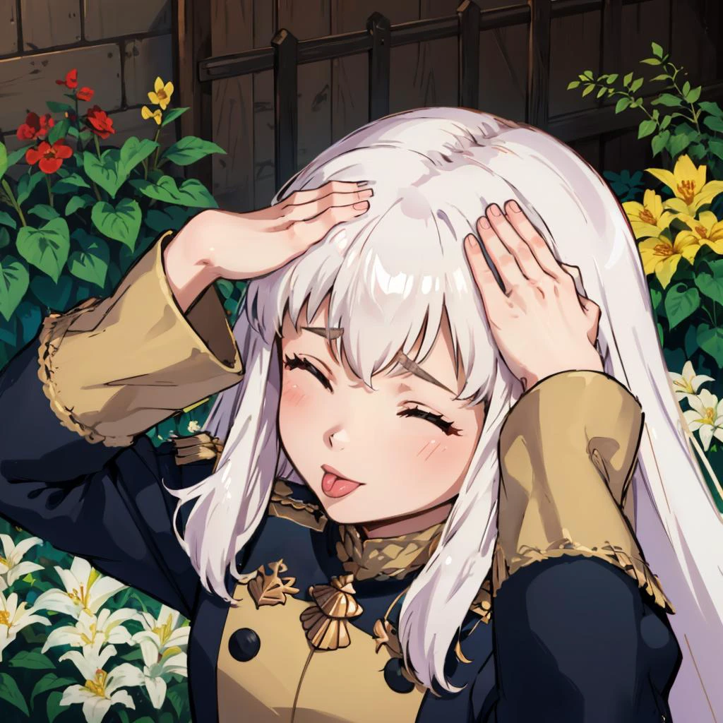 masterpiece, best quality, <lora:fireemblem_ordelia_v3-09:0.8> lysitheauniform, uniform, long sleeves, <lora:ahetobleh-nvwls-v1-final:0.8> ahetobleh, from above, hands on own head, closed eyes, tongue, garden