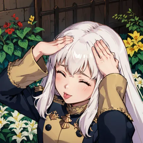 masterpiece, best quality, <lora:fireemblem_ordelia_v3-09:0.8> lysitheauniform, uniform, long sleeves, <lora:ahetobleh-nvwls-v1-final:0.8> ahetobleh, from above, hands on own head, closed eyes, tongue, garden