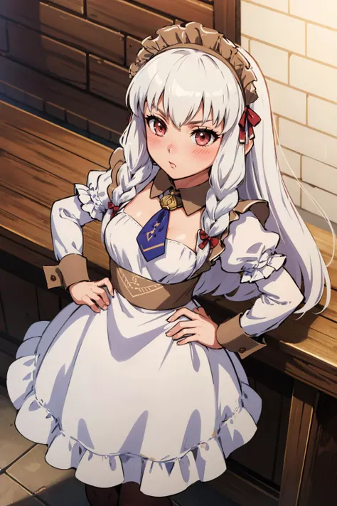 masterpiece, best quality, <lora:fireemblem_ordelia_v3-09:0.8> lysitheamaid, braid, maid headdress, maid, white dress, long sleeves, brown pantyhose, cowboy shot, hands to hips, from above, blush, pout