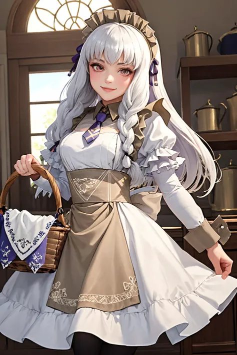(masterpiece, best quality:1.2), solo, 1girl, lysitheamaid, smile, looking at viewer, holding basket, braid, maid headdress, maid, dress, long sleeves, brown pantyhose <lora:fireemblem_ordelia_v3-09:1>