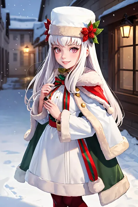 (masterpiece, best quality:1.2), christmas, snowing, solo, 1girl, lysitheawinter, smile, looking at viewer, hat, white dress, fur trim, long sleeves, fur-trimmed cape, red pantyhose, outdoors <lora:fireemblem_ordelia_v3-09:1>