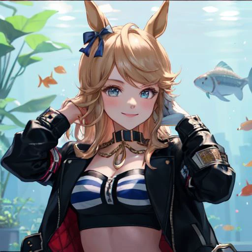 masterpiece, best quality, close up, face shot, aquarium,
gold city \(umamusume\),
hand on own head, smile,
black choker, gold chain, single glove, white glove, long sleeves, bandeau, strapless, navel, midriff, open jacket, open clothes, black jacket, black belt, denim shorts, cutoffs
<lora:gold_city_lora-000004:0.8>