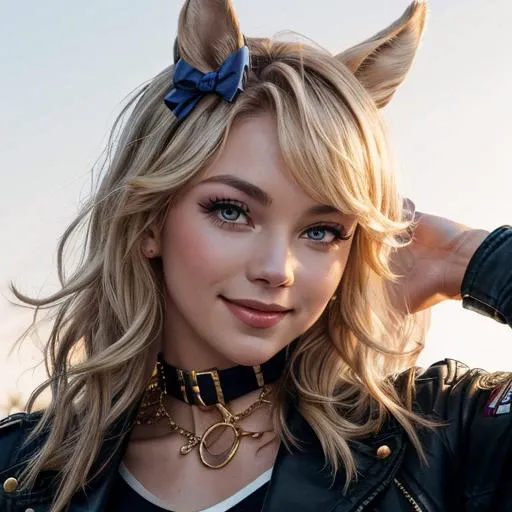 masterpiece, best quality, close up, face shot, flowers of morning glory,
gold city \(umamusume\),
hand on own head, smile,
black choker, gold chain, single glove, white glove, long sleeves, bandeau, strapless, navel, midriff, open jacket, open clothes, black jacket, black belt, denim shorts, cutoffs
<lora:gold_city_lora-000004:0.8>
