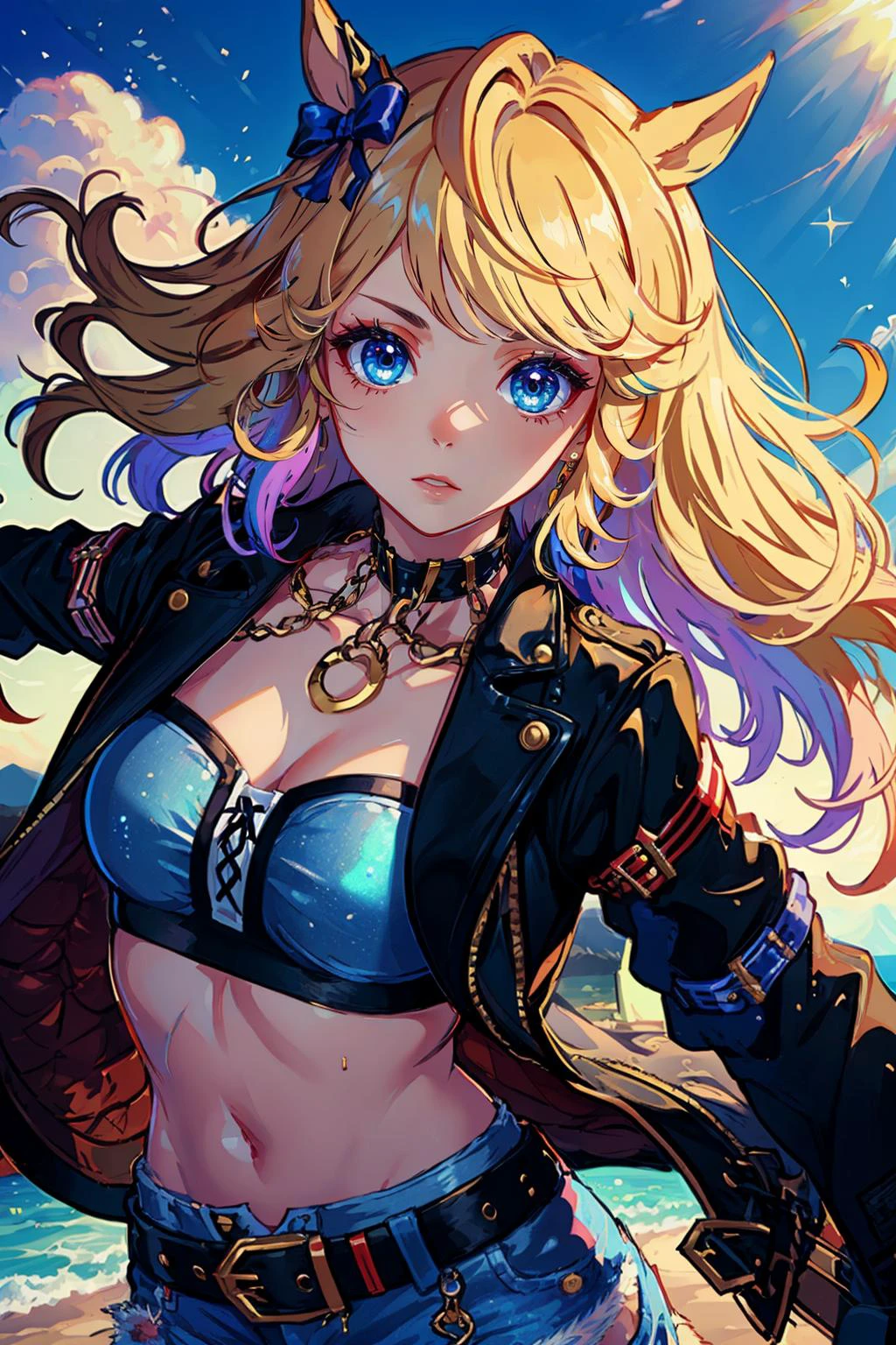 ((masterpiece)),(illustration),(((best quality)),iridescent,
((beautiful detailed girl)), medium breast,upper_body,
(delicate cute face),lovestruck,(iridescent eyes),
((floating_hair)),iridescent,
parted lips, black choker, gold chain, single glove, white gloves, long sleeves, bandeau, cleavage, strapless, tube top, navel, midriff, open jacket, open clothes, black jacket, black belt, denim shorts, cutoffs, mismatched footwear,
,beautiful landscape,
gold city \(umamusume\), <lora:epiNoiseoffset_v2:0.7> , <lora:gold_city_lora:0.8>, modeling shot,