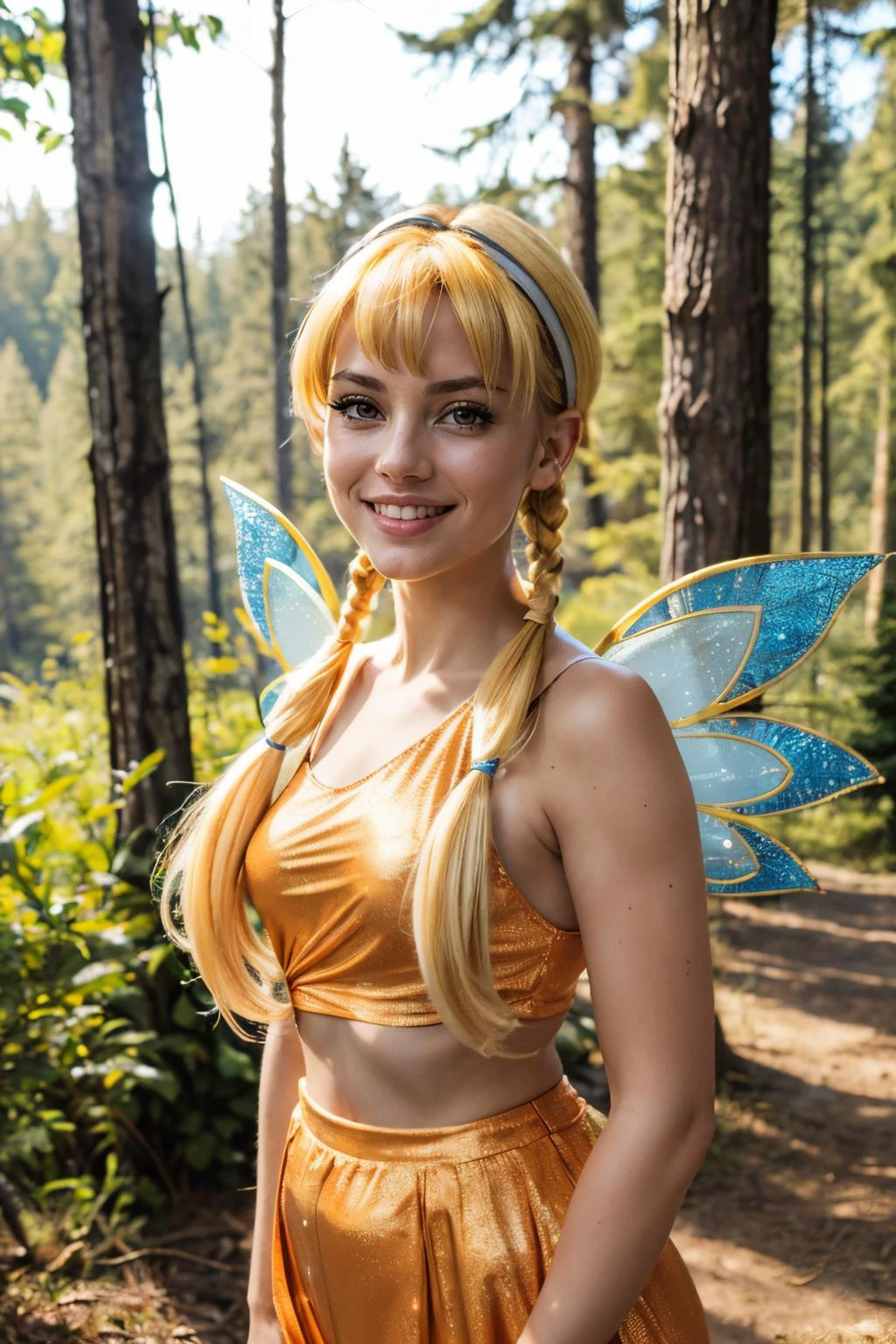 Stella, yellow eyes, blonde hair, FairyOutfit, twintails, long low pigtails, fairy wings, orange outfit, glittery clothes, sparkling clothing, looking at viewer, smiling, happy, medium shot, outside, forest, natural lighting, high quality, masterpiece, <lora:WinxClubStella:.8>
