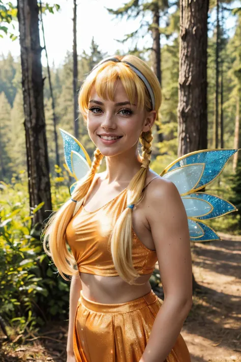 Stella, yellow eyes, blonde hair, FairyOutfit, twintails, long low pigtails, fairy wings, orange outfit, glittery clothes, sparkling clothing, looking at viewer, smiling, happy, medium shot, outside, forest, natural lighting, high quality, masterpiece, <lora:WinxClubStella:.8>