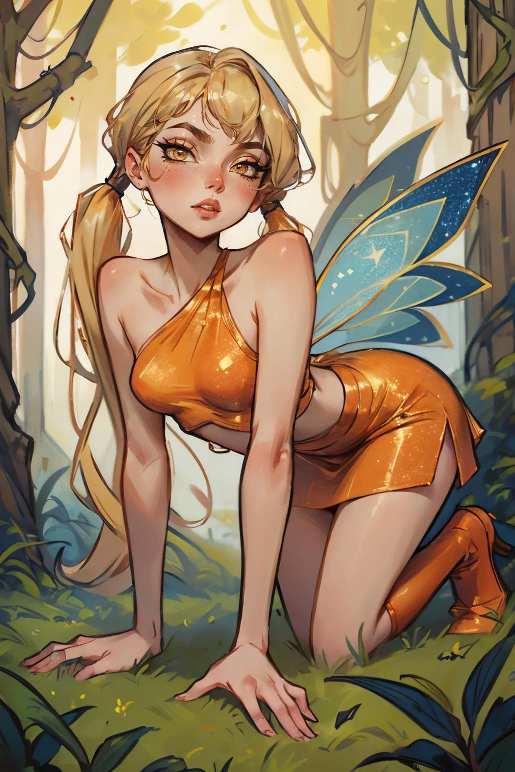 Stella, yellow eyes, blonde hair, FairyOutfit, twintails, long low pigtails, fairy wings, orange outfit, glittery clothes, sparkling clothing, looking at viewer, serious, parted lips, on all fours, outside, forest, natural lighting, high quality, masterpiece, <lora:WinxClubStella:.8>