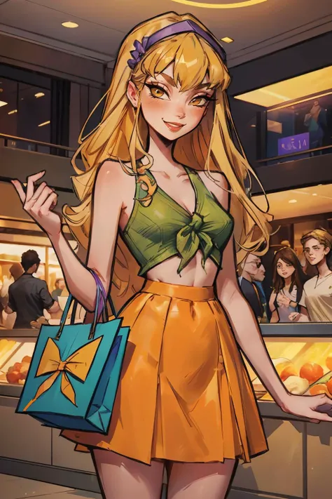 Stella, yellow eyes, blonde hair, CasualOutfit, purple headband, green knotted top, orange skirt, looking at viewer, smiling, standing, medium shot, inside mall, holding shopping bag, crowd, bright lighting, high quality, masterpiece, <lora:WinxClubStella:.8>
