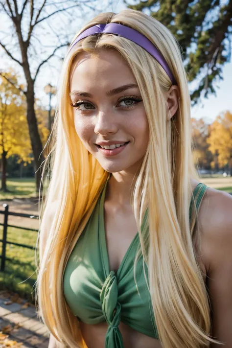 Stella, yellow eyes, long blonde hair, CasualOutfit, purple headband, green knotted top, looking at viewer, smiling, close up, outside, park, trees, winter, blue sky, high quality, masterpiece, <lora:WinxClubStella:.8>