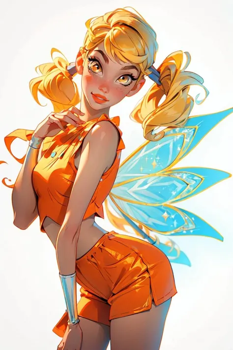 (Stella), (blonde hair, yellow eyes, bangs), (FairyOutfit), (twintails, long low pigtails, fairy wings, orange outfit, glittery clothes, sparkling clothing), (white background, plain background:1.5),(realistic:1.2), (masterpiece:1.2), (full-body-shot:1),(Cowboy-shot:1.2), neon lighting, warm lighting, (highly detailed:1.2),(detailed face:1.2), (gradients), colorful, detailed eyes, (natural lighting:1.2), (cute pose:1.2), (solo, one person, 1girl:1.5),<lora:WinxClubStella-10 (2):0.9> <lora:add_detail:0.15>