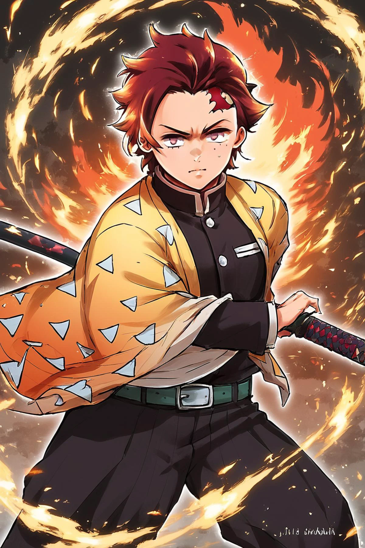 score_9, score_8_up, score_7_up,
Tanjirou Kamado from Demon Slayer stands poised in a battle-ready stance, ready to draw his katana, in front of a swirling vortex of flames. The scene is depicted in vibrant anime style, capturing the intense and dynamic atmosphere. His determined expression is highlighted by the dramatic lighting from the flames. The background is filled with swirling embers and fiery tendrils, creating a sense of motion and urgency. His outfit, detailed with intricate patterns and textures, stands out against the blazing backdrop. The composition is dynamic and full of energy, with rich colors and detailed linework that bring the scene to life. Anime, dynamic, vibrant colors, detailed, intense, dramatic, motion, rich colors, intricate, energetic.
<lora:EnvyPonySemiReal01:0.85>,
<lora:battoujutsu_sword_stance:0.85> battoujutsu sword stance, ready to draw,