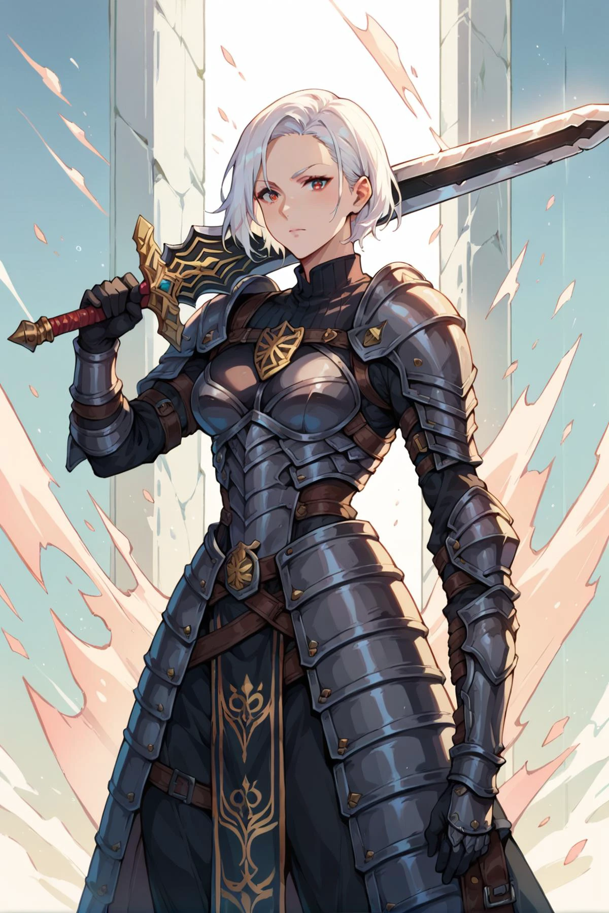 1girl, black armor, white hair, <lora:sword_over_shoulder:0.8>, holding sword-over-shoulder, weapon over shoulder, score_9, score_8_up, score_7_up,