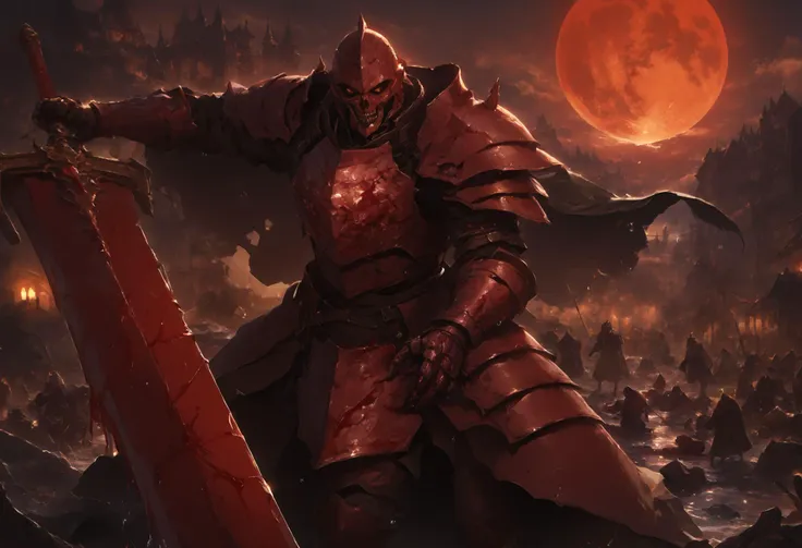 Masterpiece, absurdres, color contrast, male necromancer knight with greatsword, <lora:low_guard_parry_stance:0.5> holding greatsword parry stance, on a medieval battlefield near a entrenching, pile of corpses and burning structures in background, full red moon,
<lora:bloodyface:0.4>, high detail greatsword, greatsword is bloody and battle worn, high detail armor dark metallic, engraved, worn black Cape, angry eyes, blood on armor, battle worn armor, full facemask,
rain, <lora:sinfully_stylish_SDKL:0.5> dynamic Lighting, light from a full moon, The armor reflects the light and rain, <lora:add-detail-xl:1>, <lora:detailed_notrigger:1>, <lora:wallpaper_X:0.1>, <lora:Worldly_XL:1> ,<lora:Oviposition_Pony:0.1>, embedding:zPDXL2