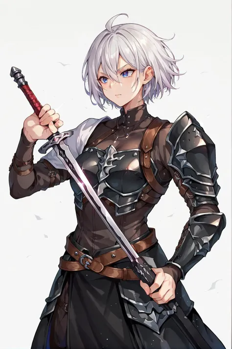 1girl, black armor, white hair, unsheathing, holding weapon, drawing sword, one-handed, scabbard <lora:unsheathing:0.8>, score_9, score_8_up, score_7_up,