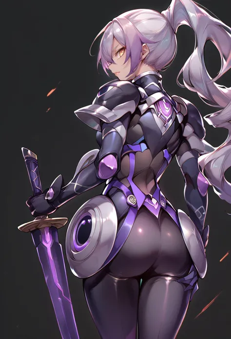 (score_9:0.9),score_8_up,score_7_up,anime style,rating_safe,(zPDXL),<lora:Sky striker ace - azalea ponyXL v2:0.75>,sky striker ace - azalea,black battle suit,weapon,solo,from behind,standing,holding,holding purple katana,purple katana,looking back,<lora:planted_sword:0.7>,planted-sword,