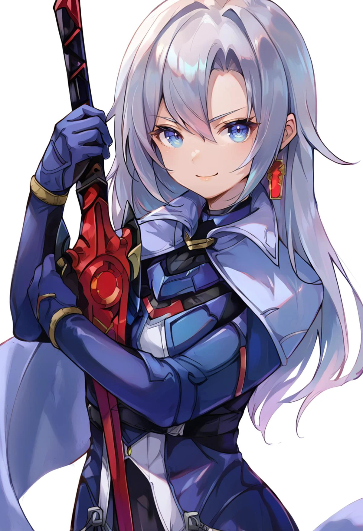 (score_9:0.9),score_8_up,score_7_up,anime style,rating_safe,(zPDXL),<lora:XB3 A ponyXL v1:0.83>,a_xb3,blue bodysuit,silver cape,white thigh boots,blue gloves,1girl,red sword,solo,smile,upper body,looking at viewer,holding red sword,white background,standing,closed mouth,v-shaped eyebrows,simple background,planted-sword,heroic pose,
<lora:planted_sword:0.7>,