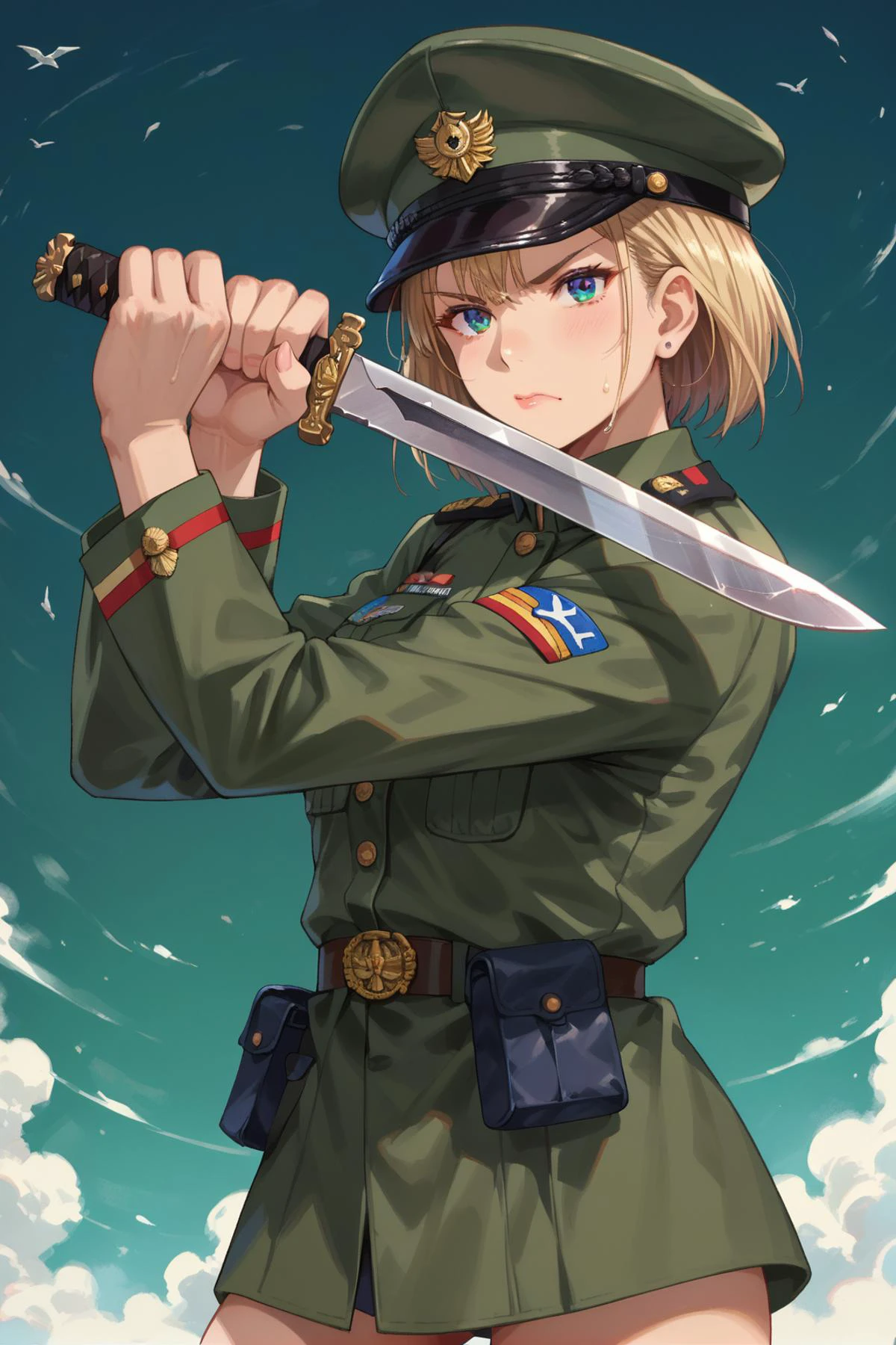 1girl, green military uniform, combat knife, <lora:low_guard_parry_stance:0.75> low guard sword parry stance, holding knife, score_9, score_8_up, score_7_up,