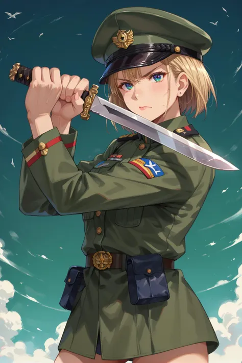 1girl, green military uniform, combat knife,  <lora:low_guard_parry_stance:0.75> low guard sword parry stance, holding knife, score_9, score_8_up, score_7_up,