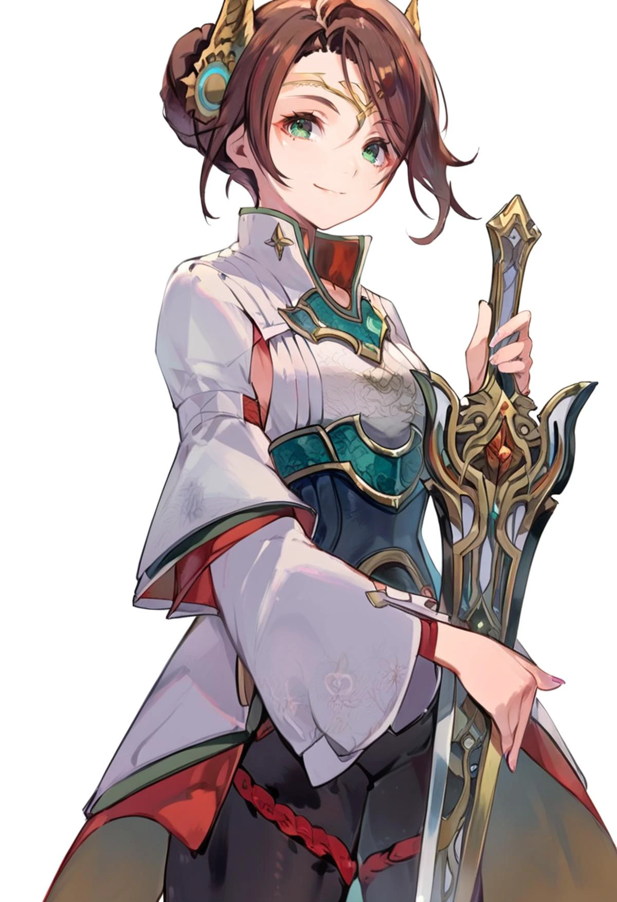 (score_9:0.9),score_8_up,score_7_up,anime style,rating_safe,(zPDXL),<lora:XB3 Alexandria ponyXL v3:0.94>,Alexandria,Japanese clothes,1girl,weapon,sword,solo,looking at viewer,smile,simple background,planted-sword,holding sword front of her,planted sword,<lora:planted_sword:0.7>,
