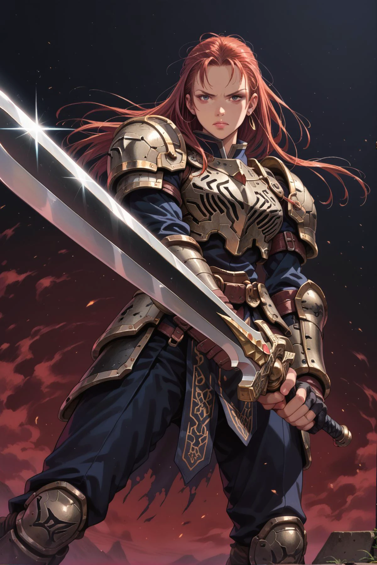 1girl, black steel armor, <lora:Brave_perspective:0.8> holding sword, brave-perspective <lora:Sinozick_Style_XL_Pony:0.85> sinozick style, flat color, dark theme, score_9, score_8_up, score_7_up,