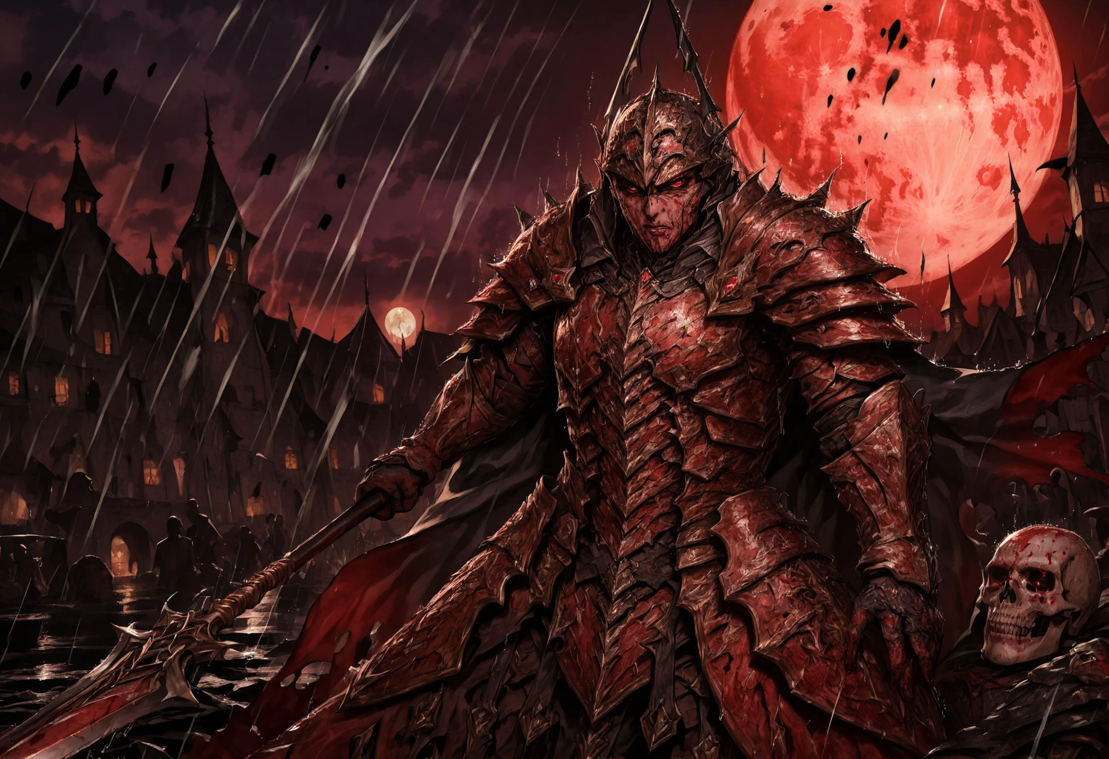 Masterpiece, absurdres, high quality, High details, realistic colors, infernal male necromancer knight with polearm, <lora:impaling:0.9> impaling polearm, on a medieval battlefield near a entrenching, pile of corpses and burning structures in background, full red moon,
<lora:bloodyface:0.9>, high detail polearm, polearm is bloody and battle worn, high detail gothic armor engraved runes with dark metallic, worn black Cape, angry eyes, full helm, blood on armor, battle worn armor, blood on helmet,
rain, <lora:sinfully_stylish_SDKL:1> dynamic Lighting, light from a full moon, The armor reflects the light and rain, immersive, <lora:add-detail-xl:3>, <lora:detailed_notrigger:1.8>, <lora:NicolaSamori:0.2>, <lora:wallpaper_X:0.3>