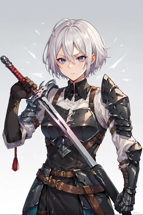 1girl, black armor, white hair, unsheathing, holding weapon, drawing sword, one-handed, scabbard <lora:unsheathing:0.8>, score_9, score_8_up, score_7_up,